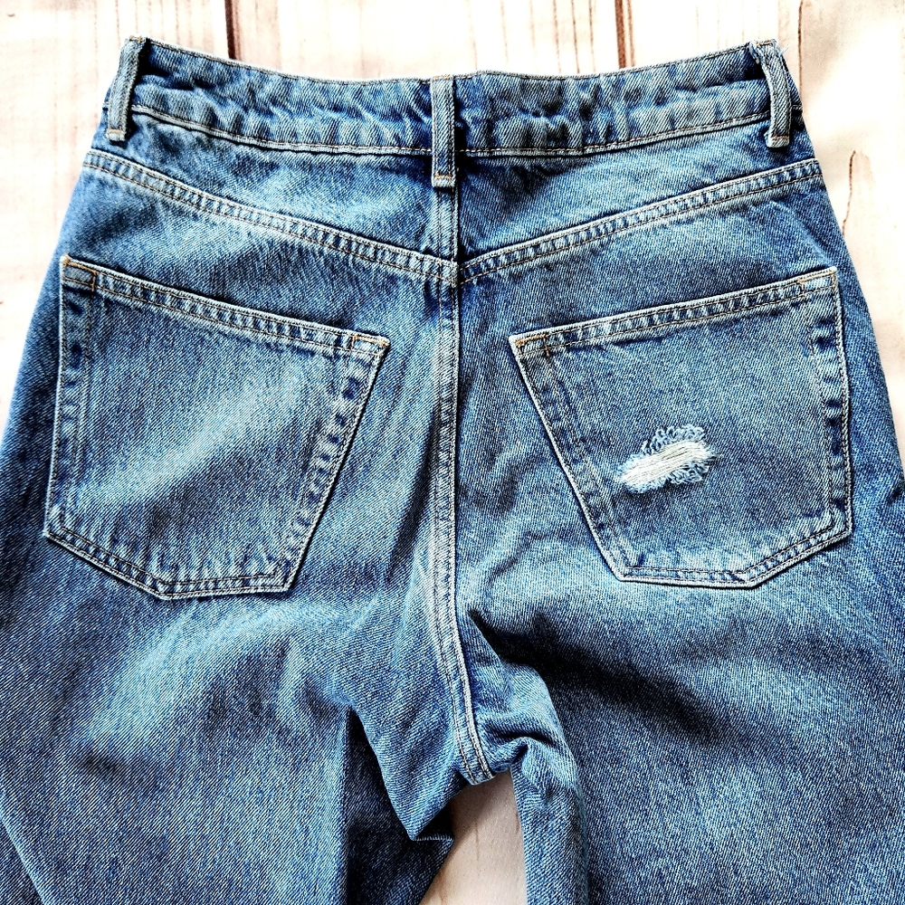 Topshop "Mom" Distressed Hem High Rise Straight Leg Blue Jeans | Women's Size 28 - Picture 11 of 14